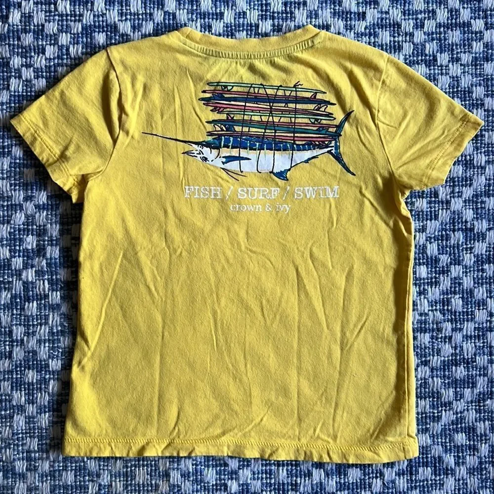 Crown & Ivy Boys 4 Yellow Summer Short Sleeve Tee Shirt Fish Surf Swim w Marlin